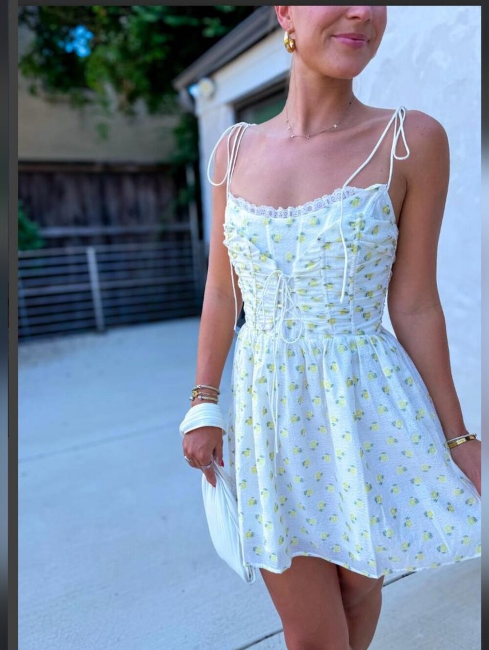 For Love & Lemons White Mini Dress with Yellow Floral Dots